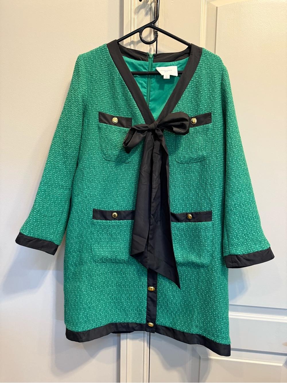 Tuckernuck Green Tweed Long Sleeve Bow-Front Coat Dress with Black Trim
